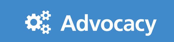 blue box for Advocacy with clipart of white gears