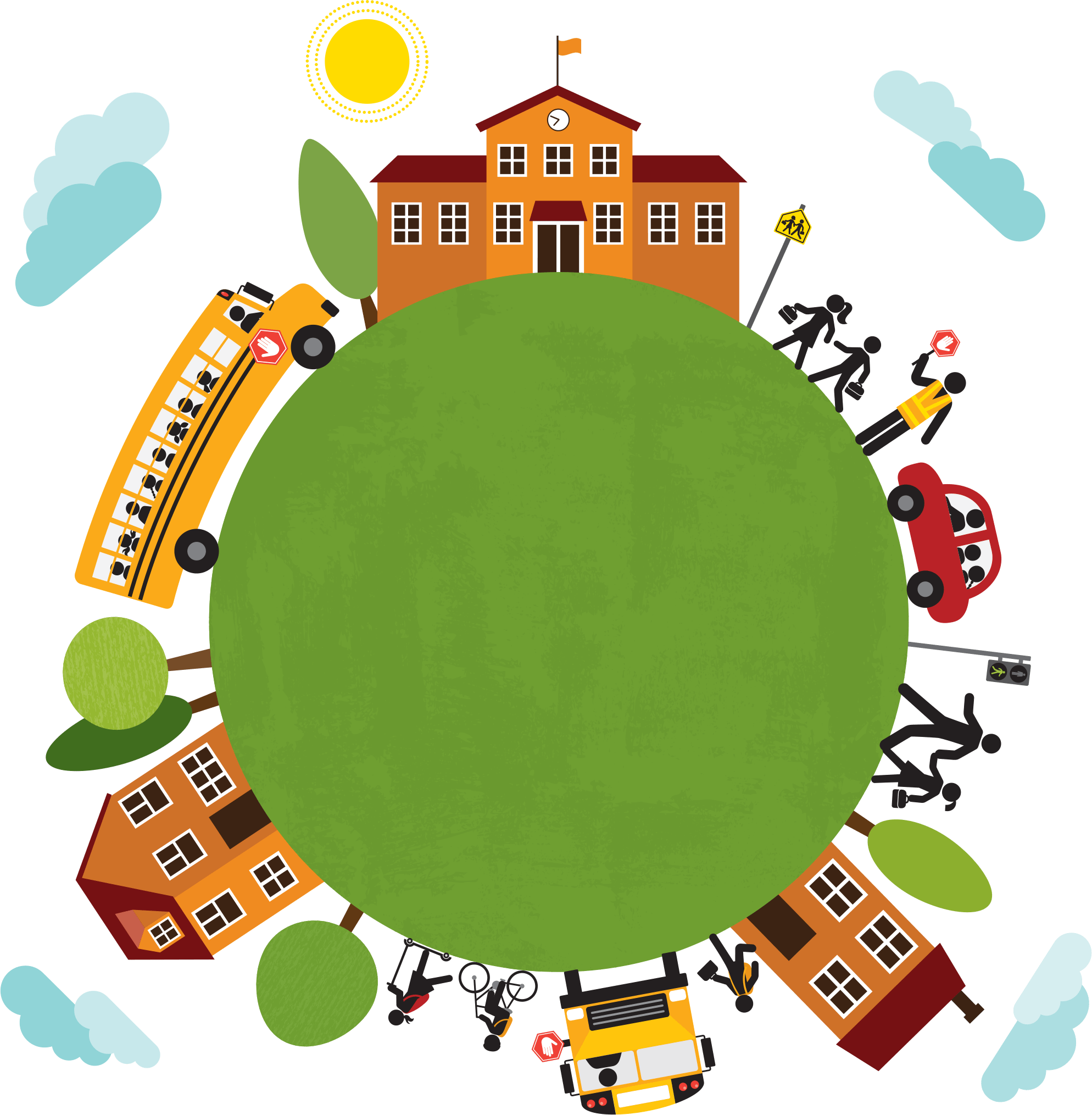 schools and buses on earth vector illustration