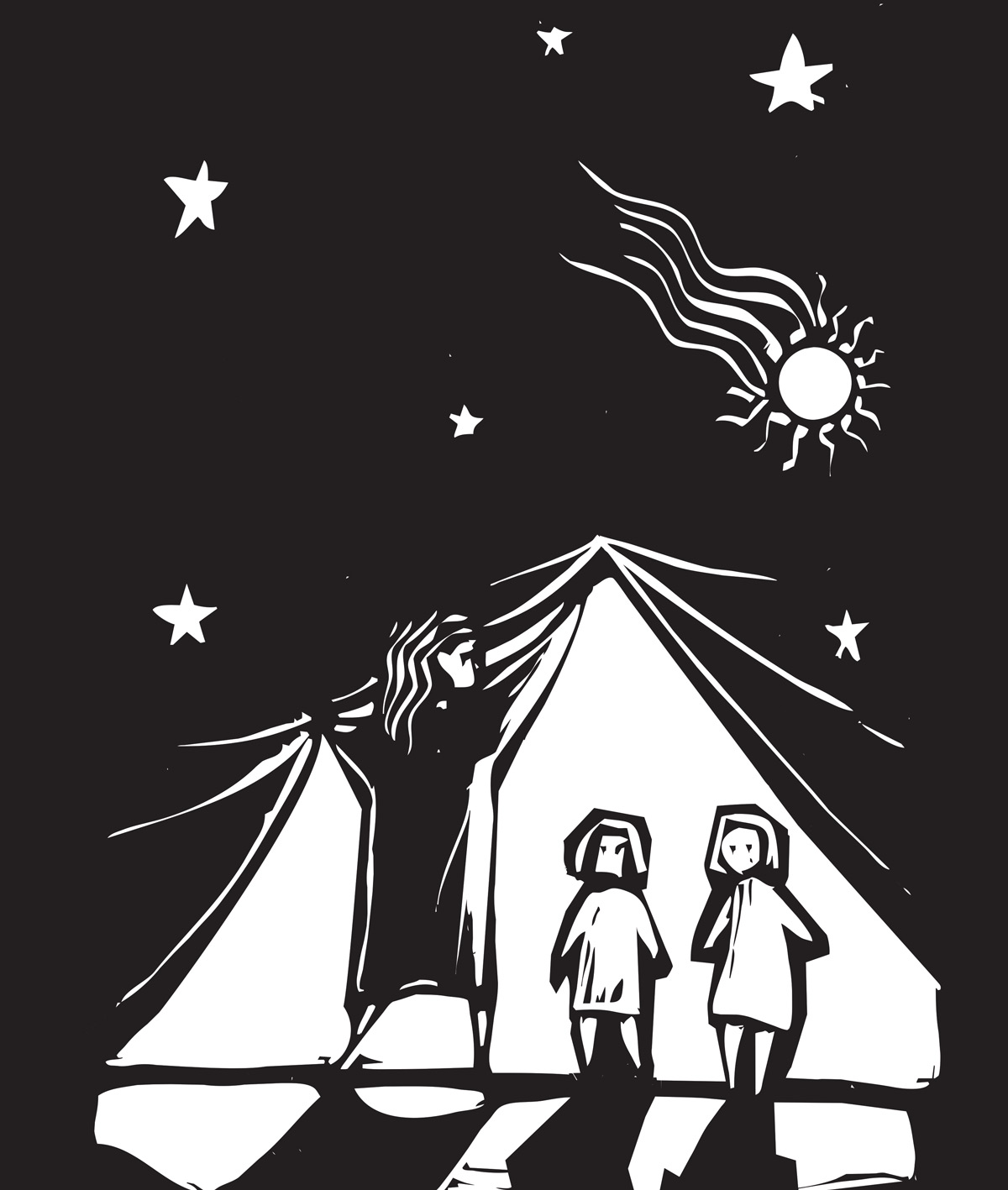 Family putting up tent under the stars illustration