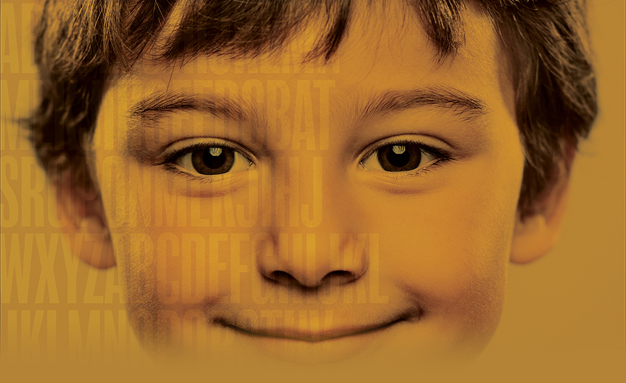 child's face with letters across