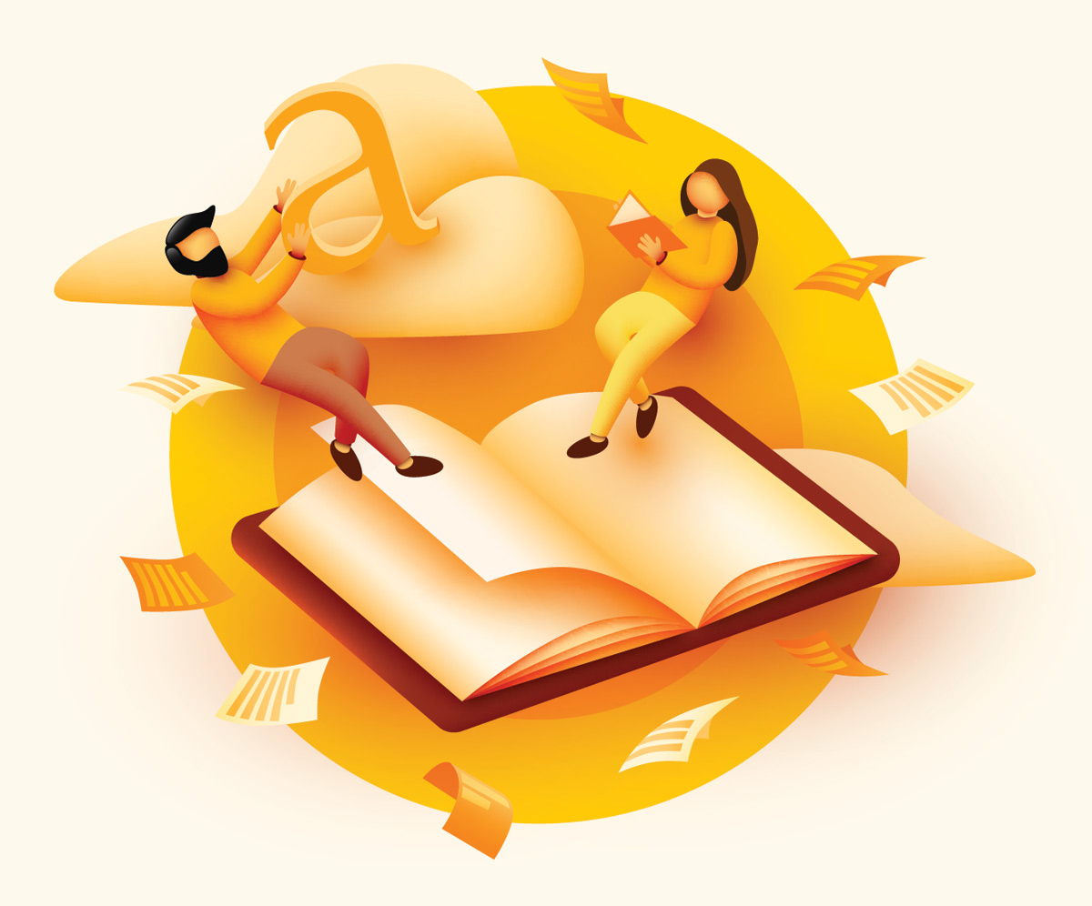 Dreamy, sunset colored graphic of people enjoying reading and education 