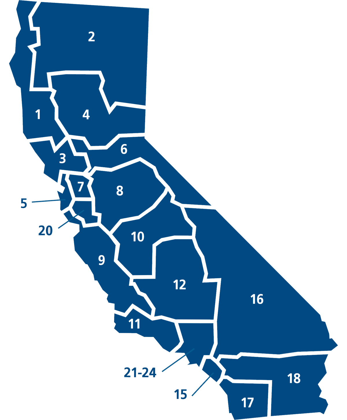 a simple map of California broken into number labeled districts