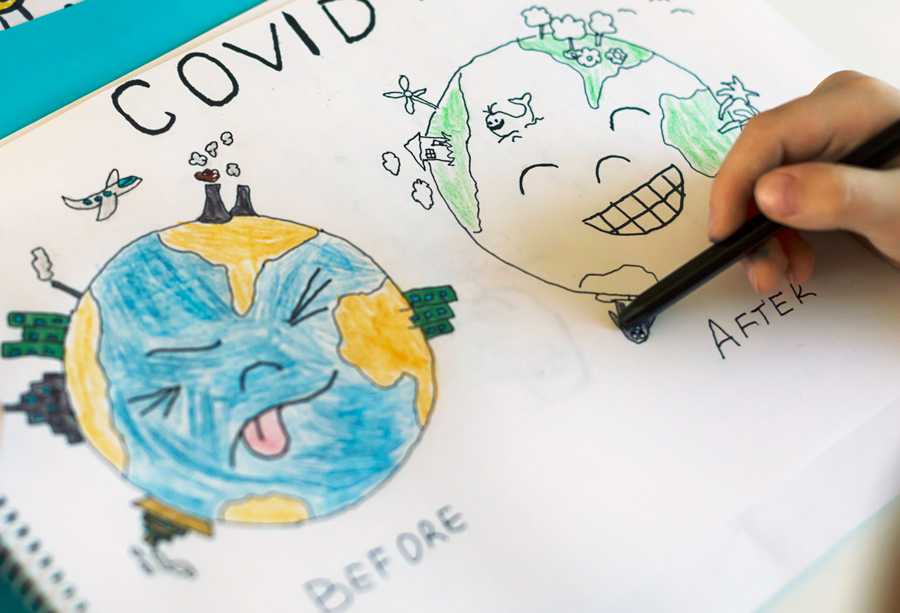 Drawing of Earth before and after Covid