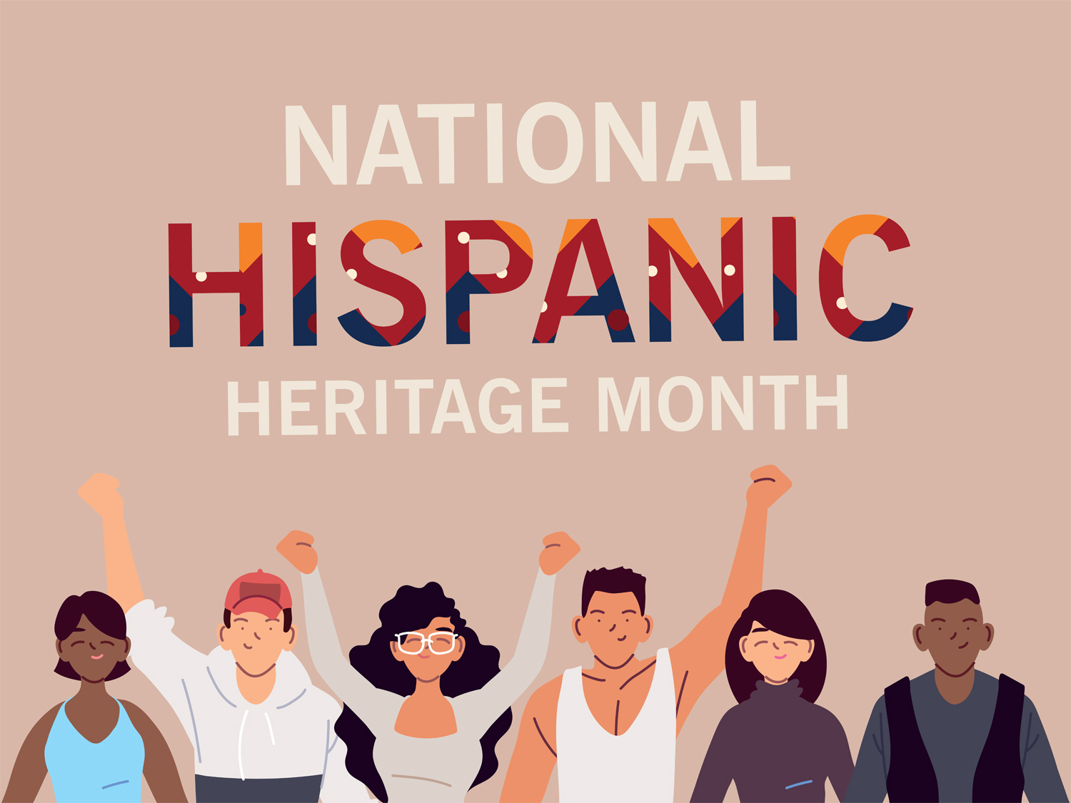 illustration with people of color reading "National Hispanic Heritage Month"