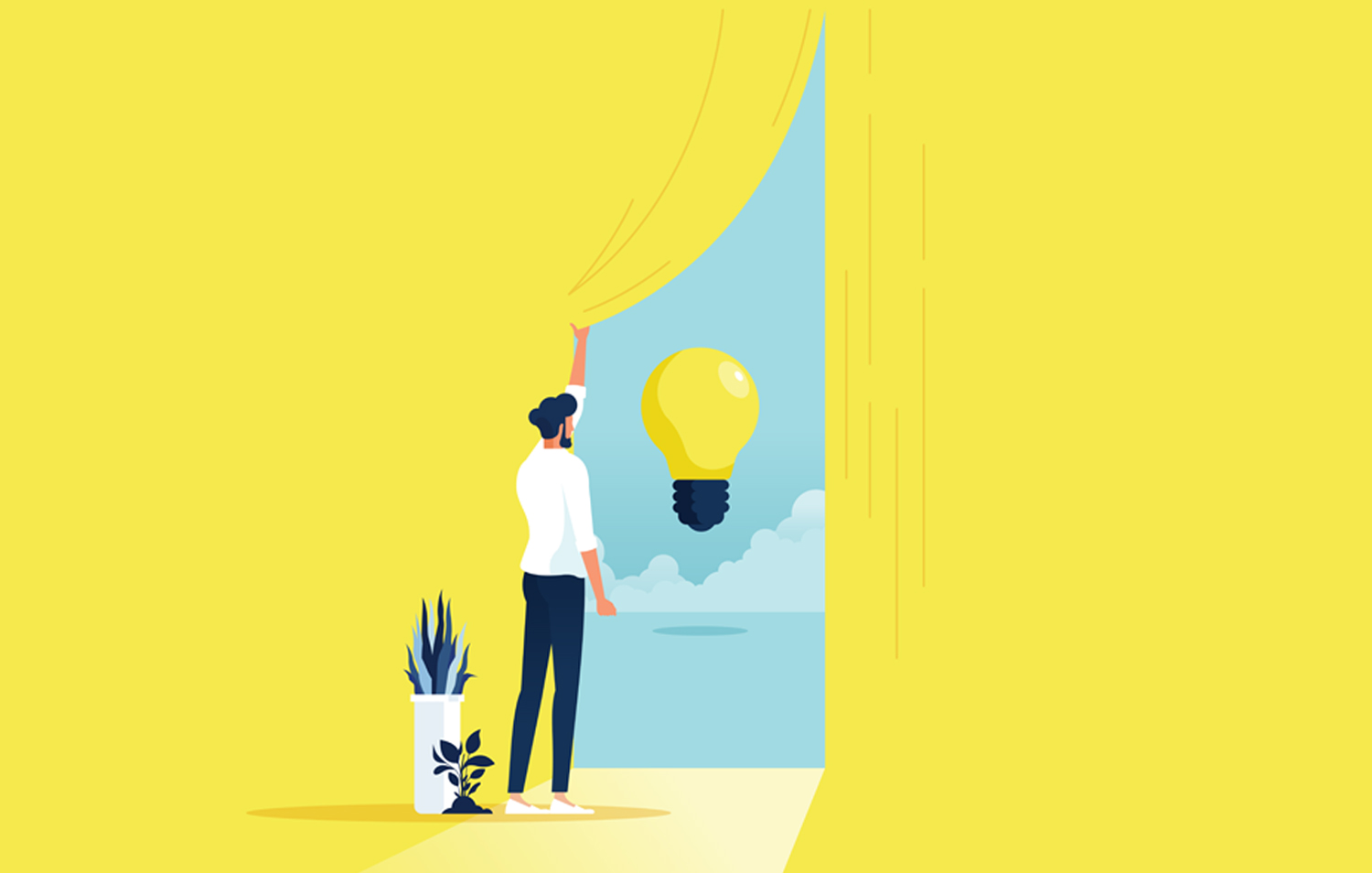 minimal illustration of a man pulling a bright yellow curtain back slightly, revealing a light bulb floating among clouds