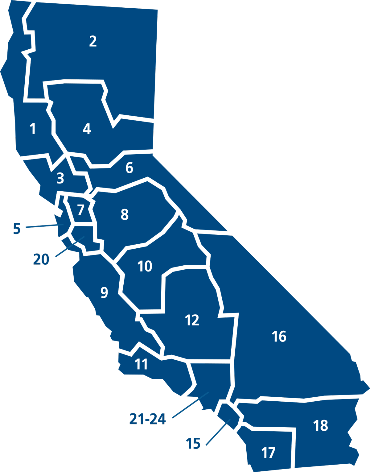 a simple map of California broken into number labeled districts