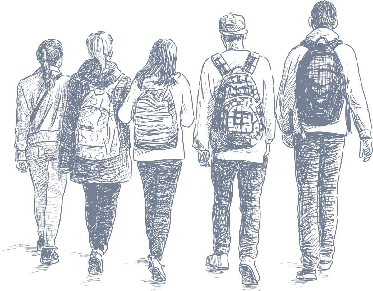 illustration of the backs of give students showing their backpacks