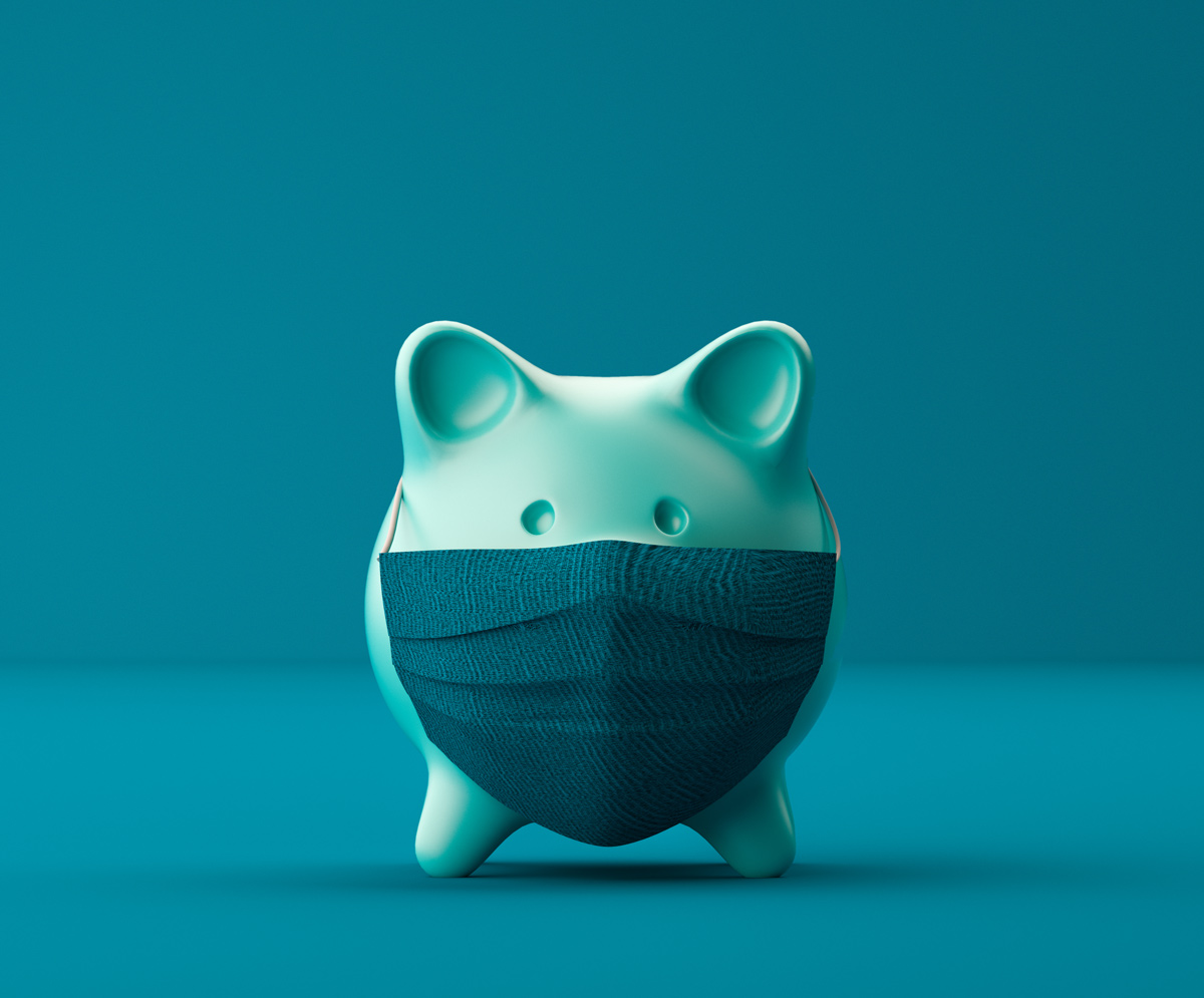 blue piggy bank with mask on
