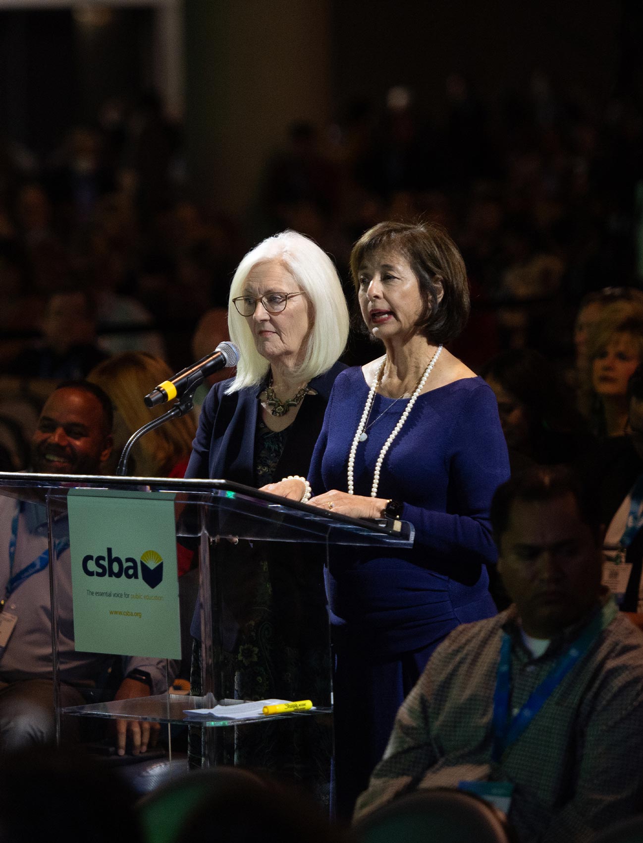 CSBA President-elect Susan Markarian and CSBA President Dr. Susan Heredia address the crowd and media outlets during the media event