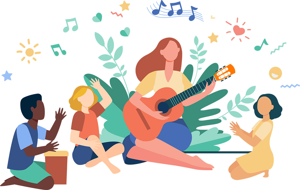 Vector illustration of woman playing acoustic guitar for children