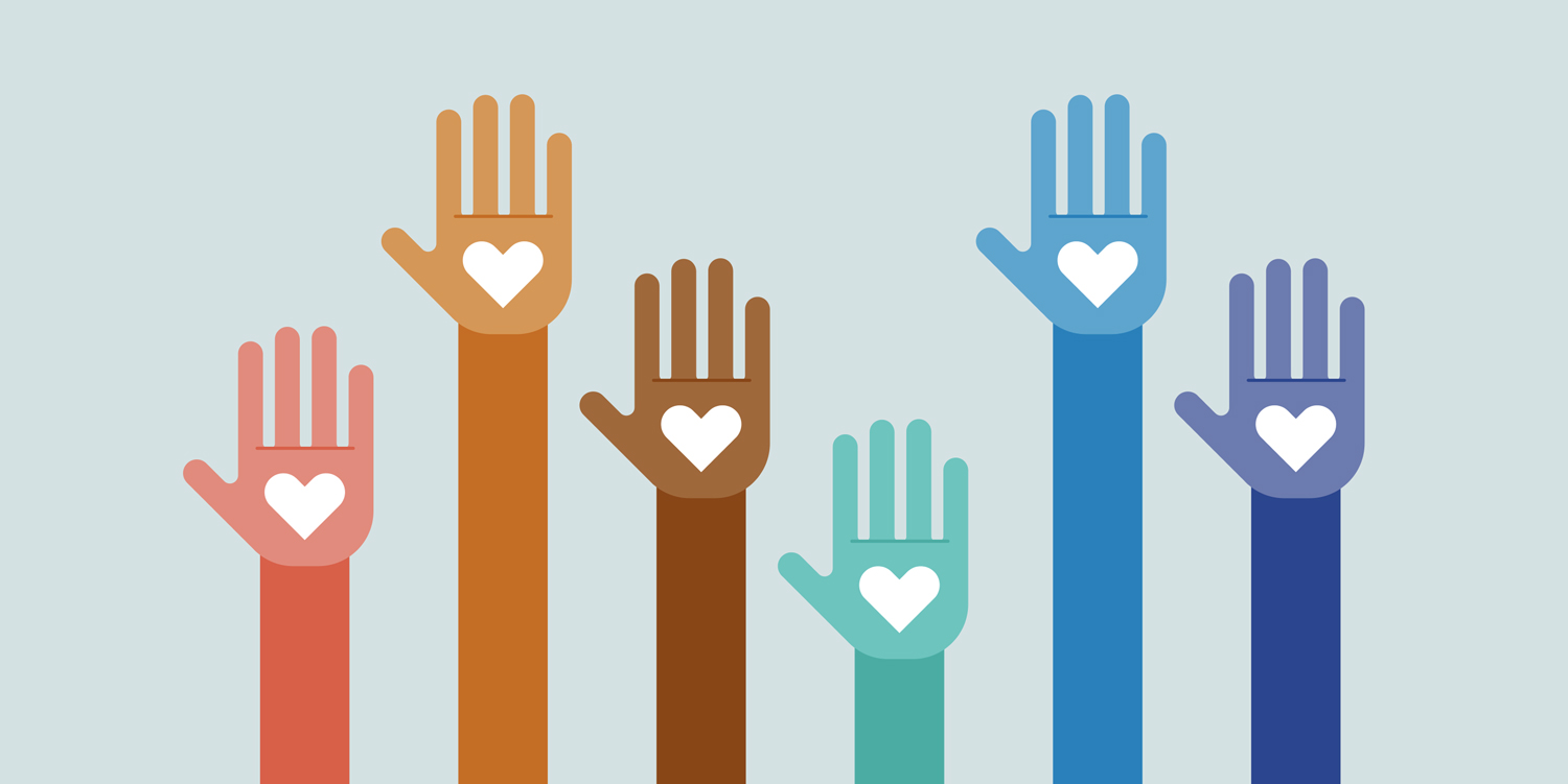 digital illustration of different colored hands raised with hearts in the palms
