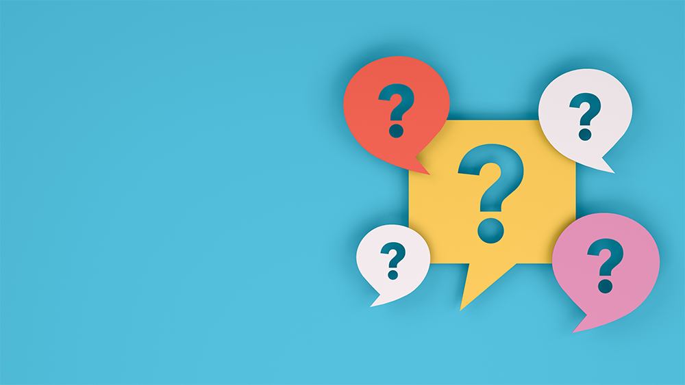 Colorful question mark speech bubbles over baby blue background