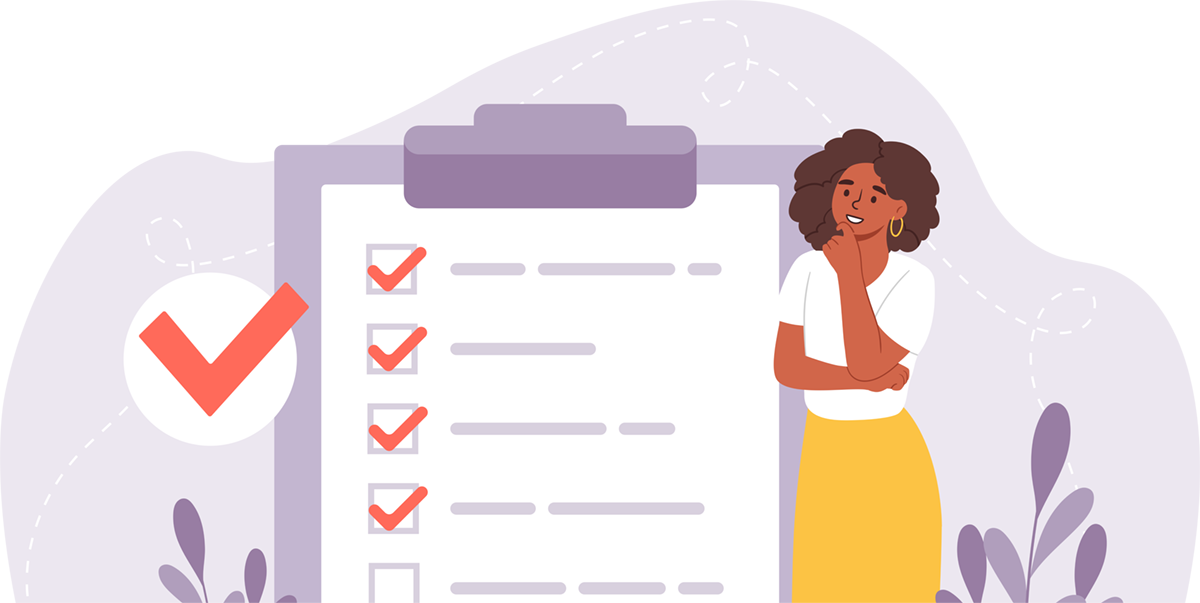 Vector illustration of woman standing next to big checklist