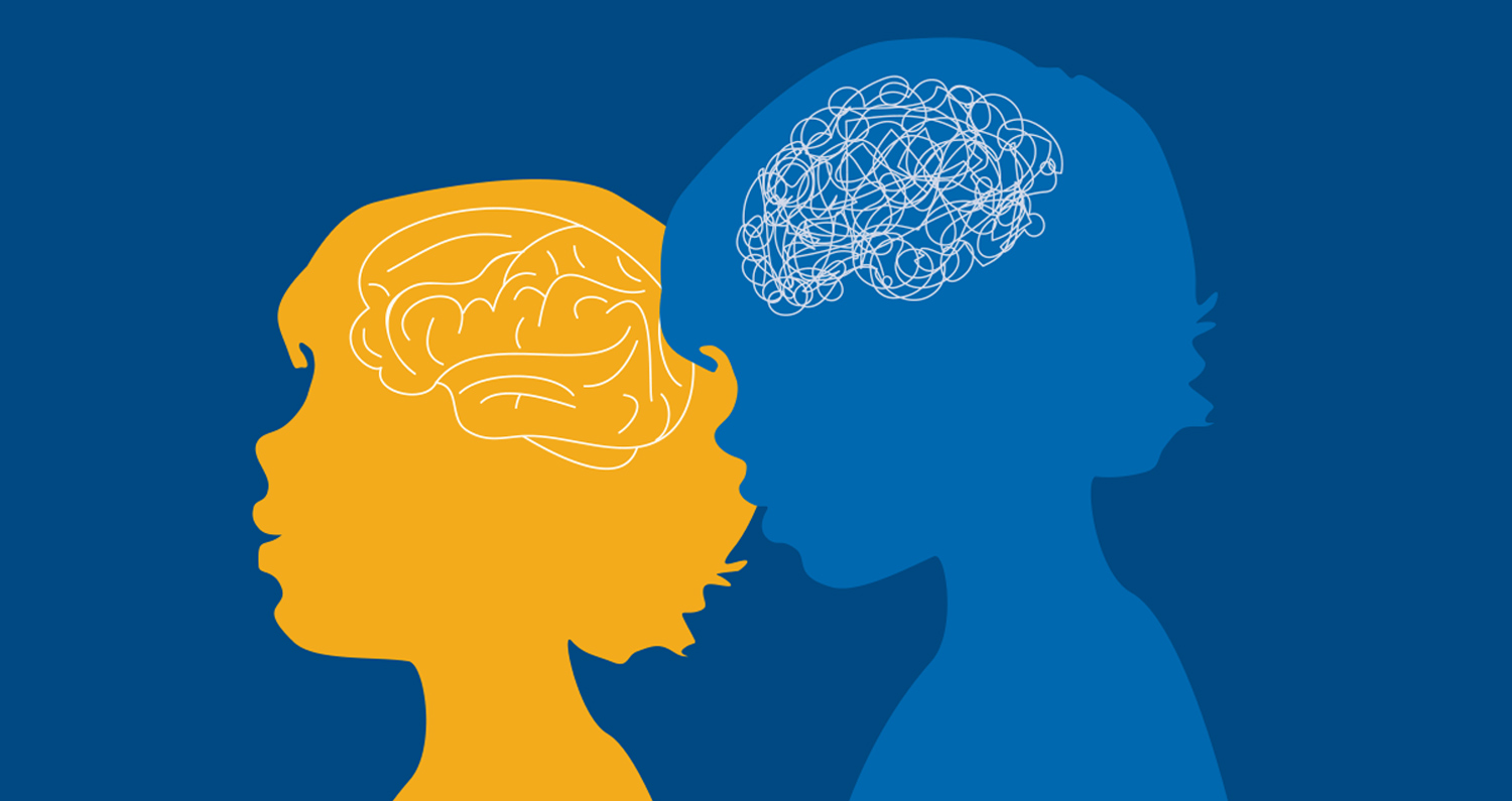 illustration of a two yellow and blue child silhouettes, one with scribbled brain and the other with a typical brain