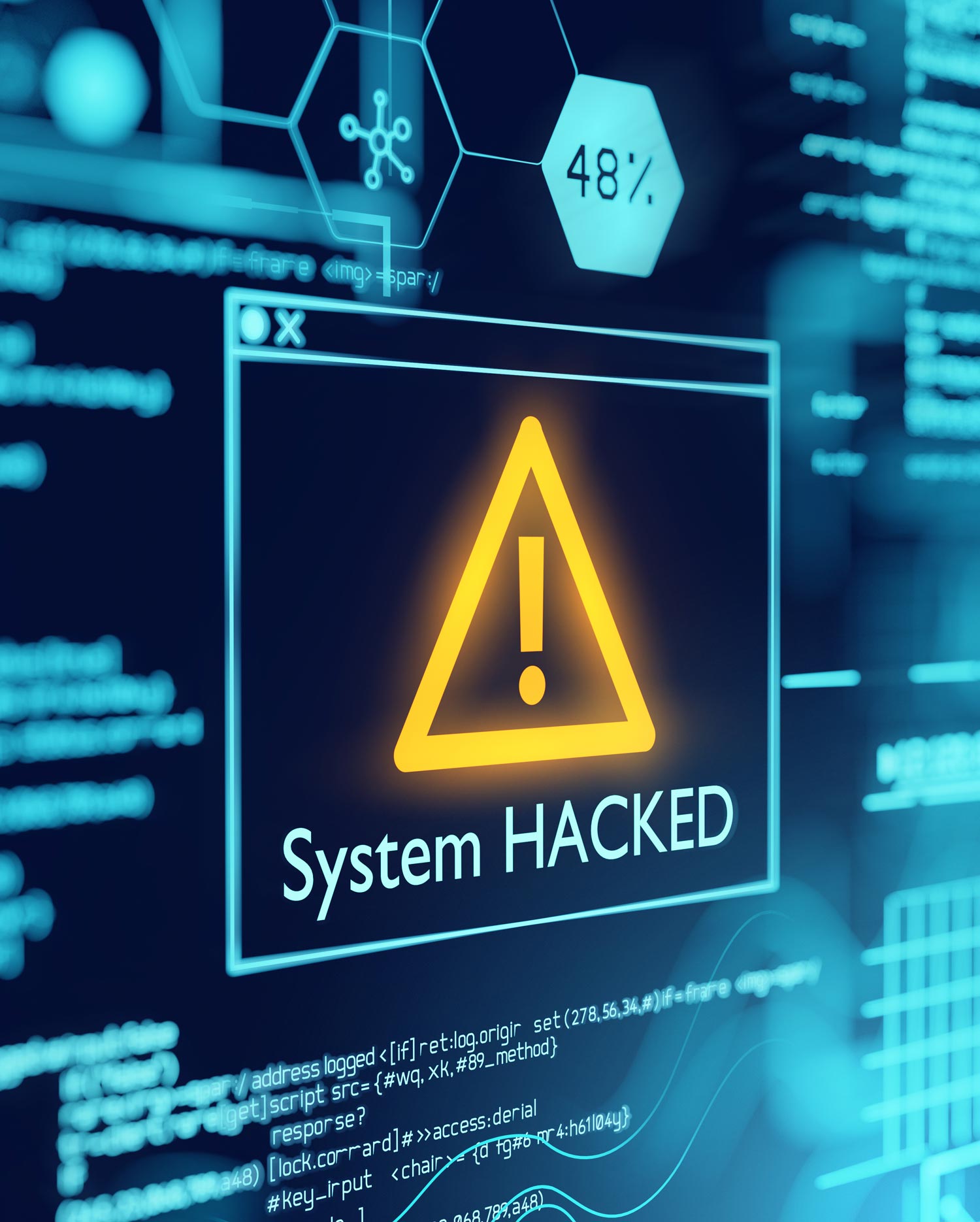close up of a computer screen with a "System Hacked" alert