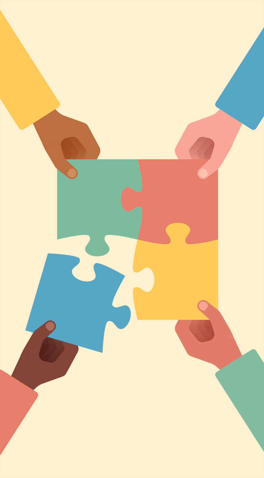 digital illustration of the top view of four different colored hands holding different colored puzzle pieces together