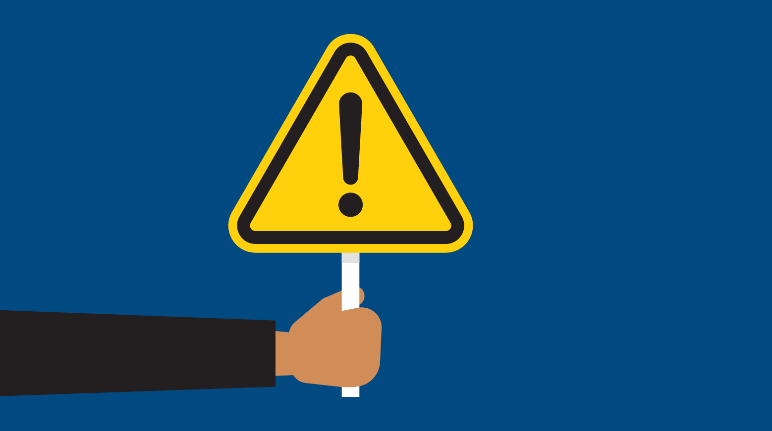 cartoon arm holding up yellow caution sign with a dark blue background