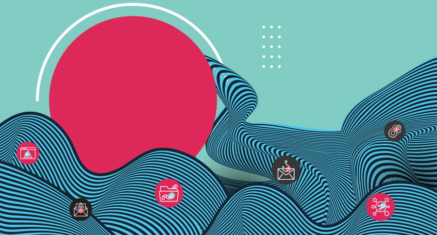 warp illustrated waves with pink circle and cyber security icons