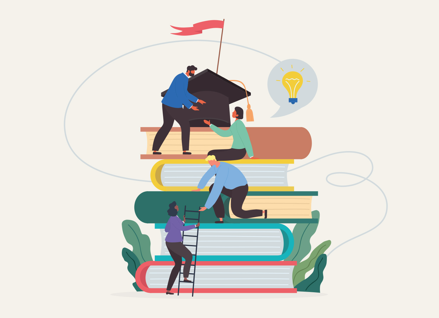 minimalist illustration of four figure helping each other climb large books to reach the graduation cap at the top of the book stack
