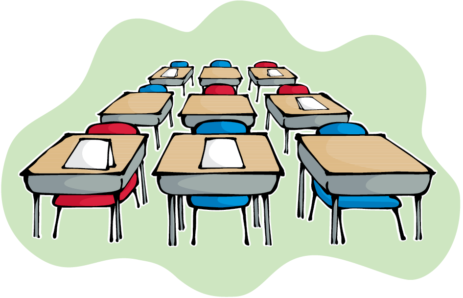 illustration of classroom desks with alternating blue and red chairs