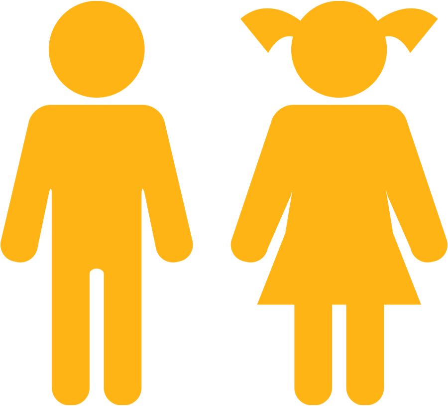 yellow pictogram graphic of two children, one in a dress shape with pigtails