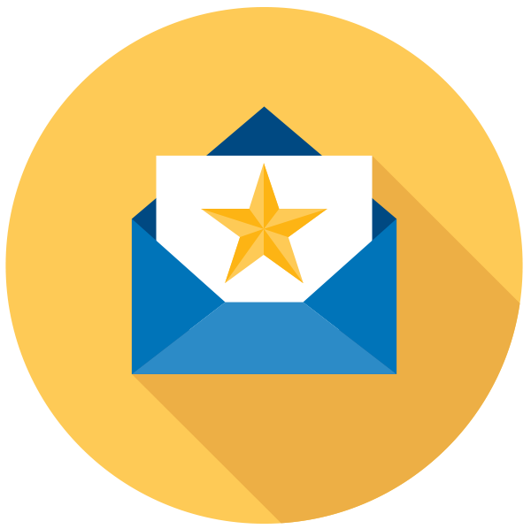 Minimalist vector illustration of a yellow circular shape with an open blue envelope and a white small half paper inside envelope with a yellow star on the paper