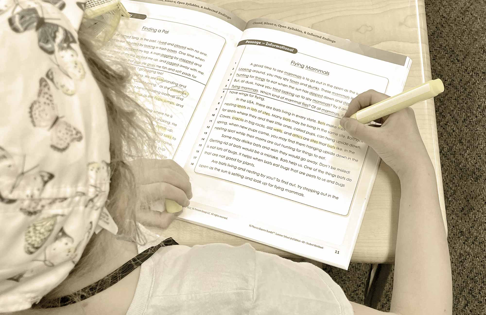 Close-up landscape photograph perspective of a student highlighting certain words or phrases inside a workbook at the person's desk