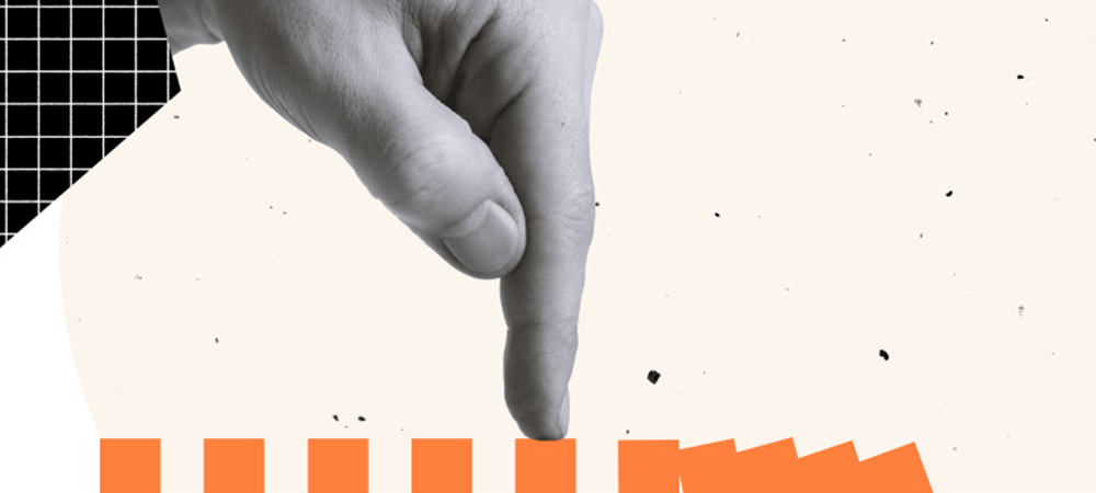 digital artwork of a large hand stopping large orange blocks from tumbling like dominos