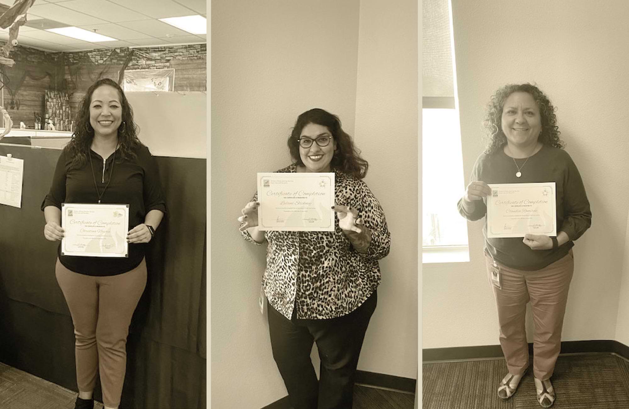three adult women photographed smiling and holding certificates at three different locations