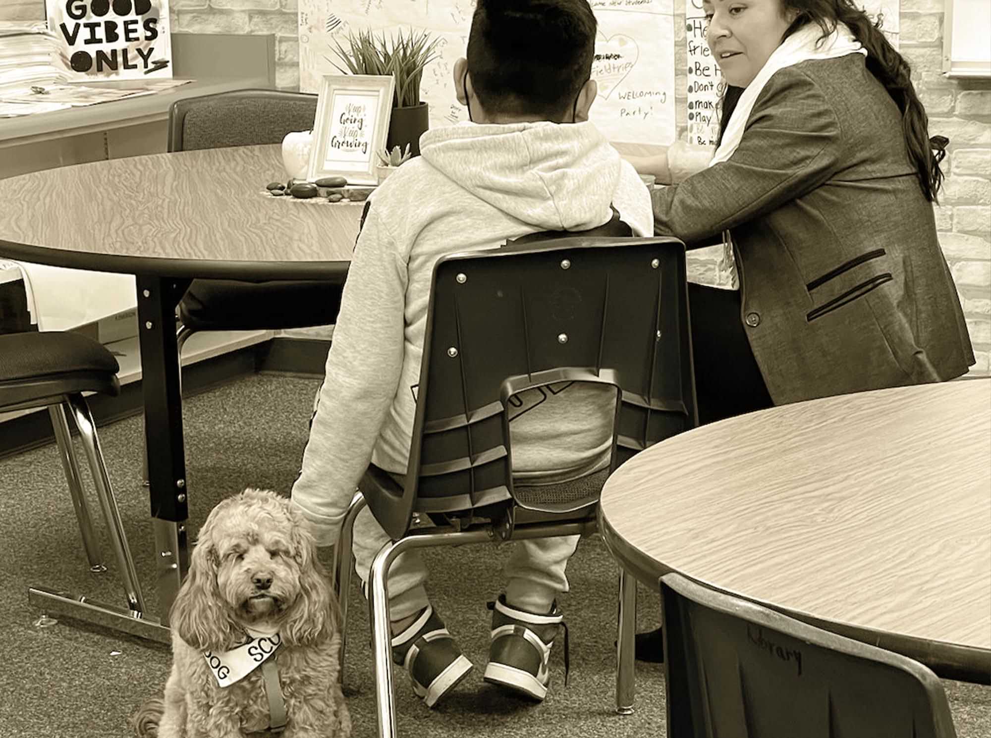back view of a young boy sitting at a round table and talking to a woman as his left hand hangs to his side petting a relaxed therapy dog wearing a scarf labeled Scout