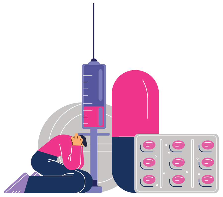 Illustration of person crouched down in front of a syringe and pills while covering their ears 