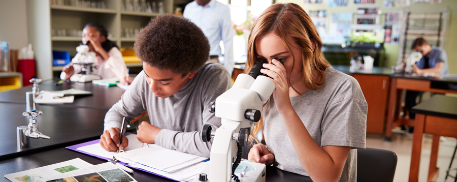 A female student wearing a grey t-shirt studying a slide under a microscope with a male student in a grey sweater writing down notes next to her