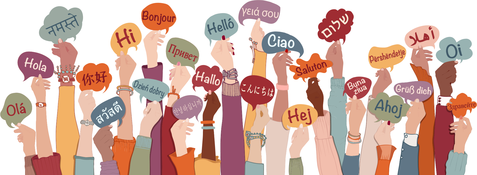 vector illustration of hands holding speech bubbles of the word hello in different languages