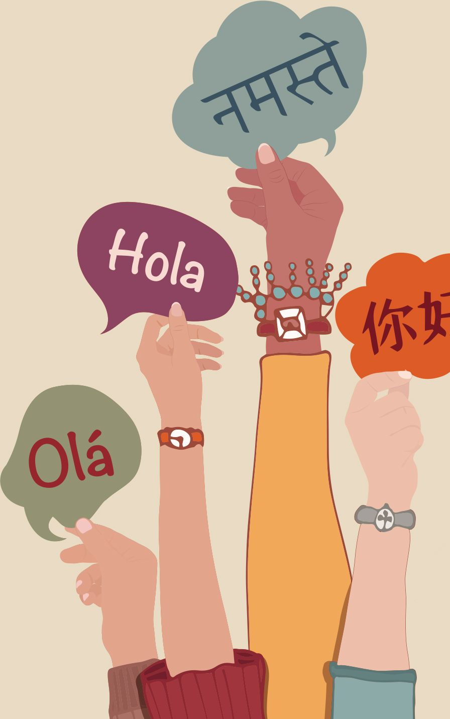 vector illustration of four hands holding speech bubbles of the word hello in different languages