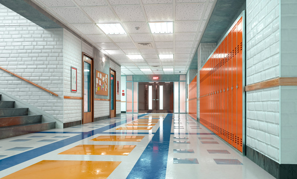 School hallway with orange lockers and decorative flooring with blue and yellow tiles