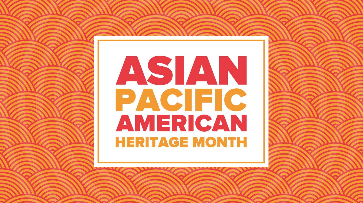Asian Pacific American Heritage Month red and orange text with an orange circles background