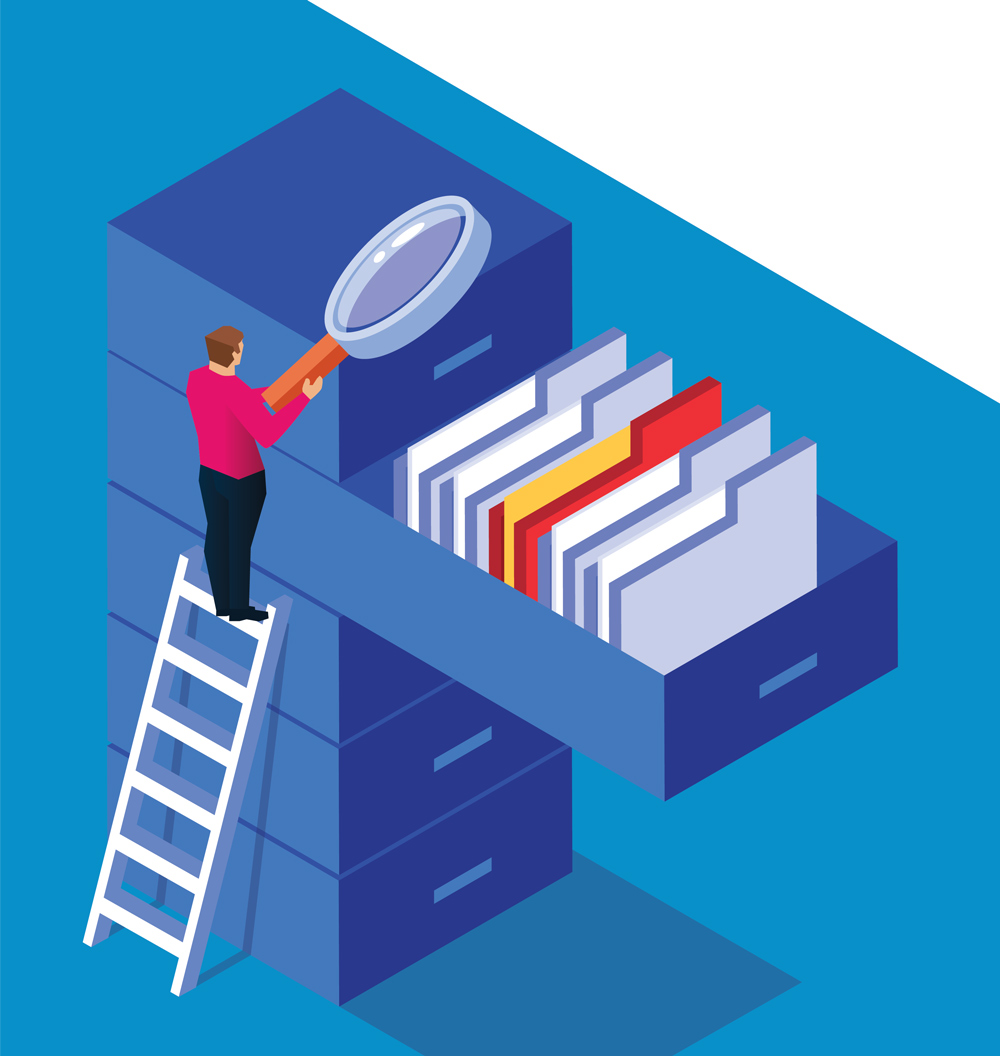digital illustration of someone standing on a ladder and using a large magnifying glass to look at files in a large filing cabinet