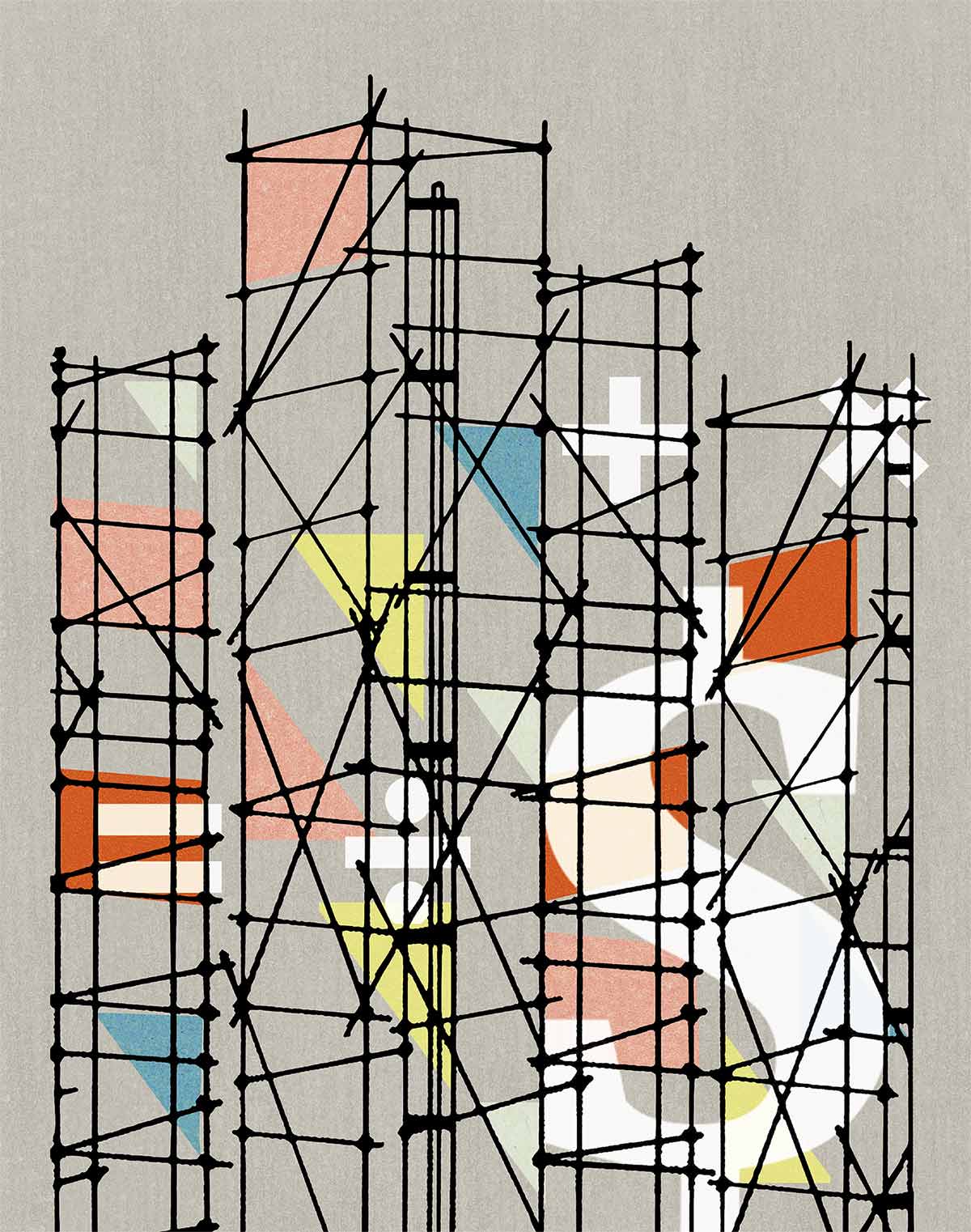 digital art of sky scraper shaped rectangles with muted yellow, rust, peach, and blue shapes in the background as well as mathematical signs