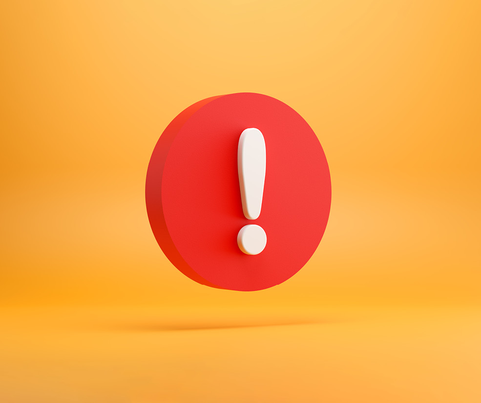 3D white exclamation point on a red circle floating against an orange backdrop