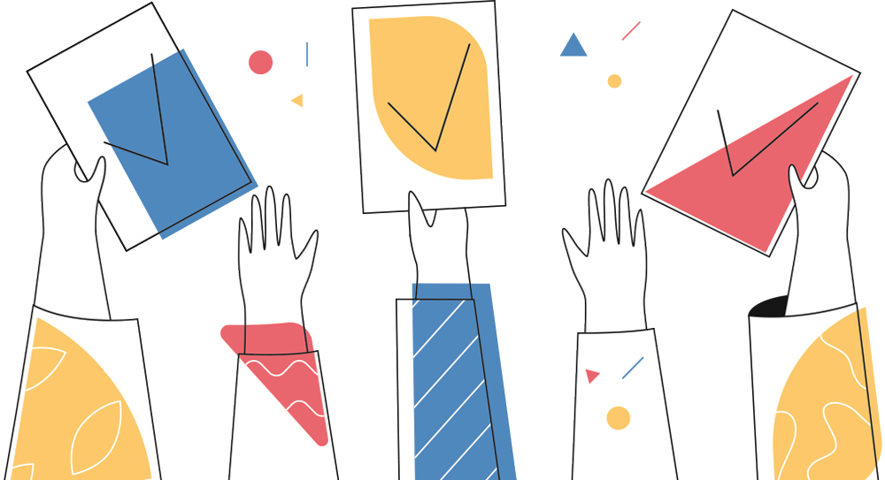 illustration of hands raised with some of them holding papers with checkmarks and red, blue, and yellow shapes are floating around them