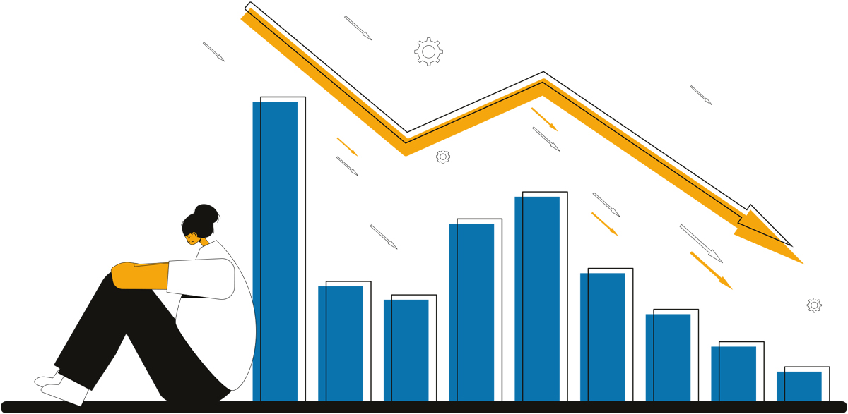 a stylized illustration of a youth sitting with their arms on their knees and their back against a large blue bar graph, the top of the graph framed by a large downward sloping yellow arrow line