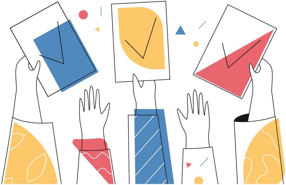 vector illustration of hands being raised and holding cards with check marks up in a gesture of voting