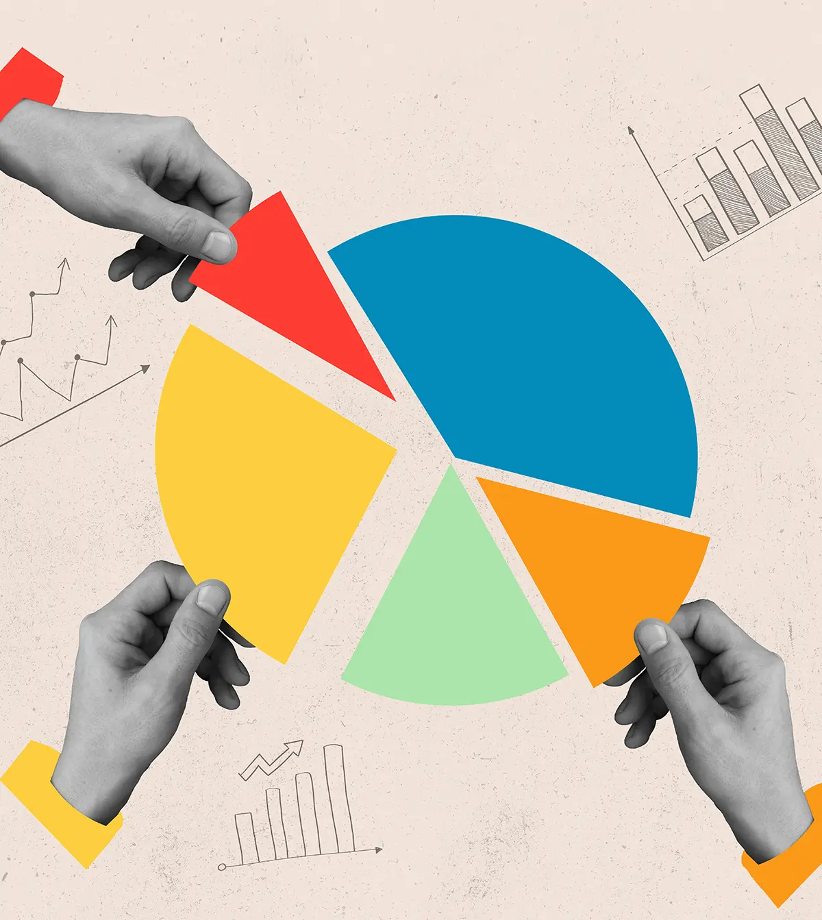 Semi-cropped digital vector clip art illustration of three no saturation colored hands (also known as simply a color shade of grey only) with three different colored wristband shapes on each of these hands (red, yellow, and orange) forming/putting slices of a pie chart together as there is a mint green and blue colored pie shape already in place within the pie chart formation while all around this pie chart formation are simple quick drawing doodle sketches of bar graphs and a line graph with everything situated on top of a beige/tan colored background