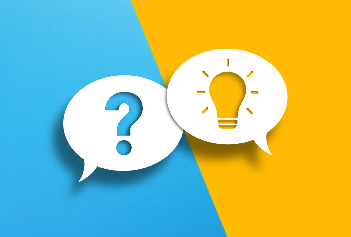 Split half powder blue/half gold colored digital background containing two white speech thought bubbles with a question mark symbol in one of the bubbles while the other bubble has a light bulb symbol