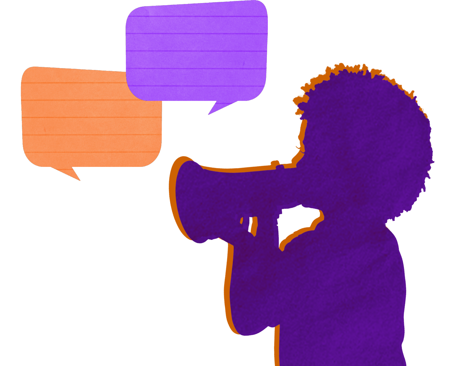 purple silhouette of woman with mega phone; purple and orange speech bubbles with notepad paper pattern inside 