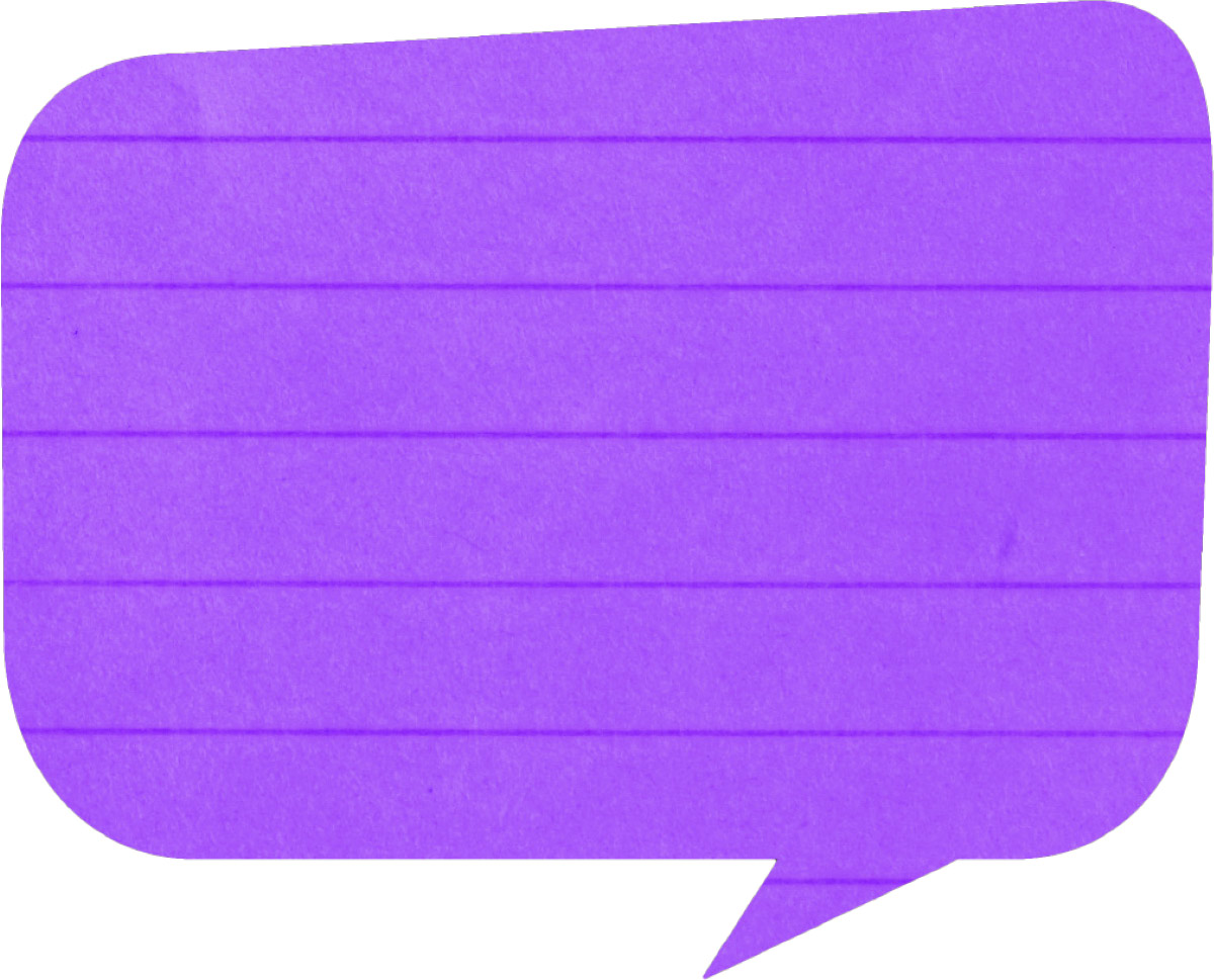 purple speech bubble with notepad paper pattern inside