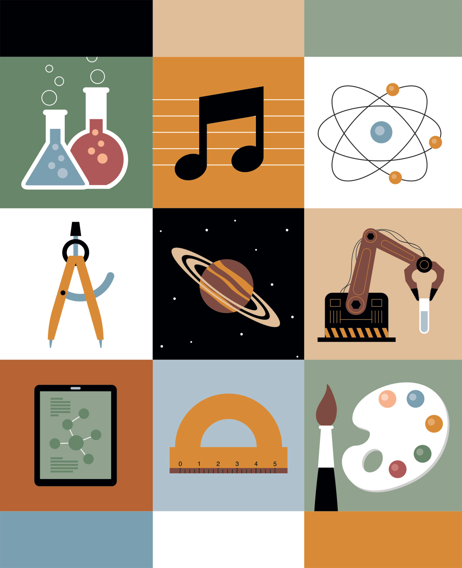 pop art of different icons representing different fields of study like science, music, math, and art