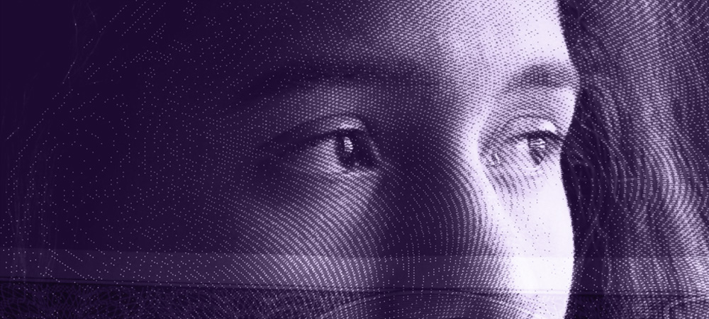 a deep purple hued halftone image of a young girls face wearing a dejected expression