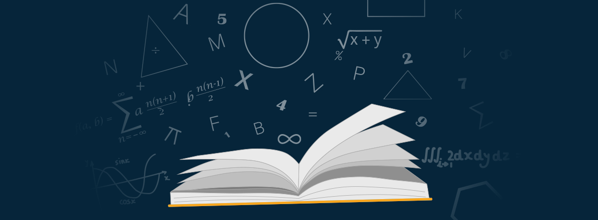 a digital illustration of an open book with pages flipping, surrounded by various hand-drawn mathematical symbols and equations on a dark blue background