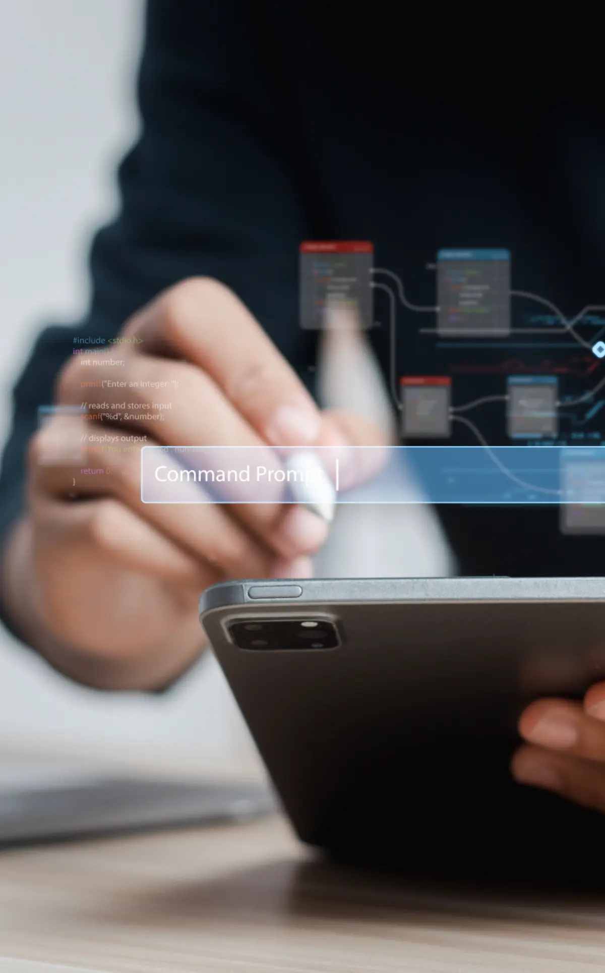 Portrait orientation close-up digital stock photograph cropped partial slight limited view of a person's hands holding a tablet device while they are using a digital tablet stylus pencil object in air while there's a floating user interface screen showcasing a text field search box containing the phrase Command Prompt plus alongside this are lines of digital technology CSS code and a glimpse of a digital flow chart diagram